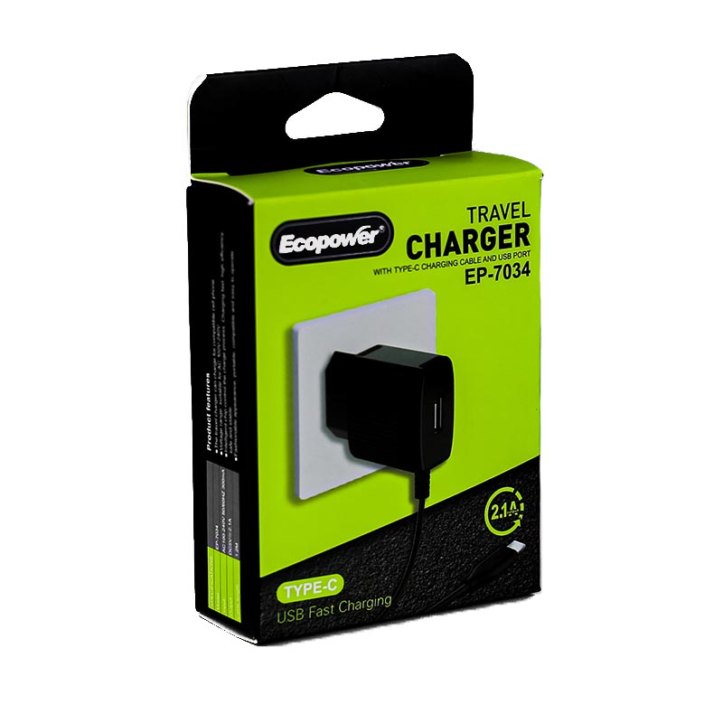 CARGADOR ECOPOWER EP-7034 USB-A + CABLE TIPO C